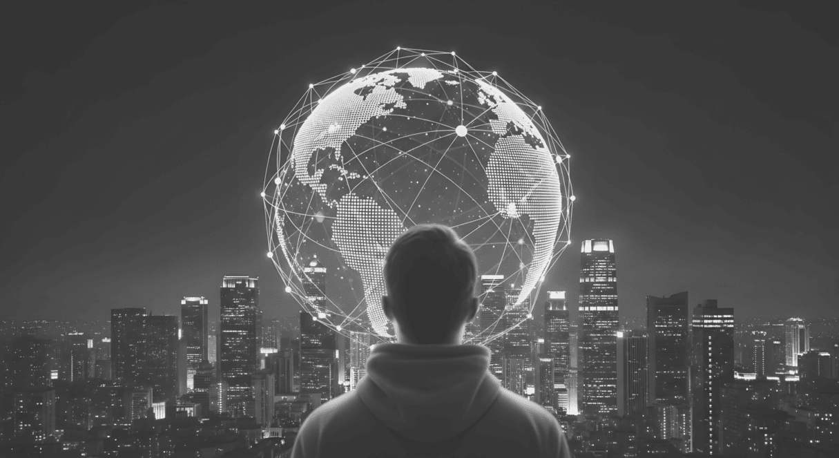 Person viewing a glowing digital globe over a city skyline at night. Autonomation team driving AEC digital transformation